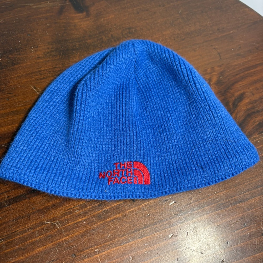 The North Face Beanie Youth M Blue Red Logo Fleece Lined Knit Winter Hat Warm